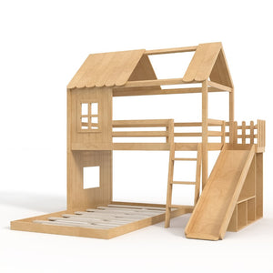 English Elm Twin Over Full Playhouse Bunk Bed with Slide Ladder Storage Shelves and Wardrobe W5305S00040