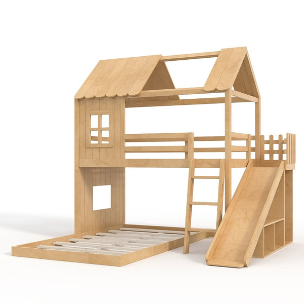 English Elm Twin Over Full Playhouse Bunk Bed with Slide Ladder Storage Shelves and Wardrobe W5305S00040