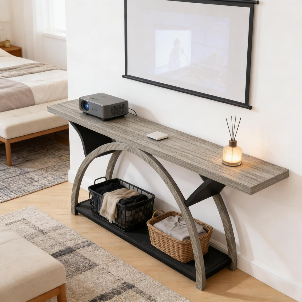 English Elm Hall Console Table Industrial Rustic Two Tier Wood Tone Metal Frame Entryway Sofa T3971P453670