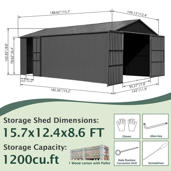 English Elm 12x15ft Outdoor Steel Carport Shed with Lockable Doors and Weather Resistant Frame W1859P382847