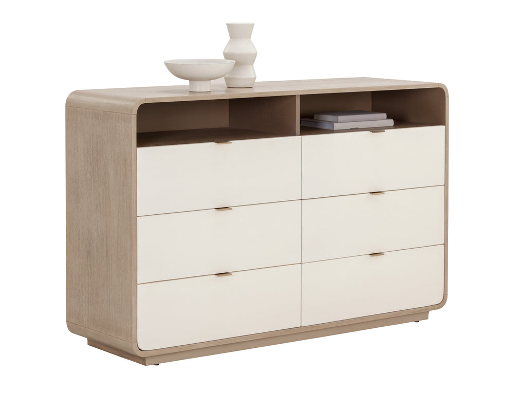 Sunpan Kayden Dresser: Timeless Acacia Wood Charm with Oyster Shagreen Drawers & Antique Brass Hardware