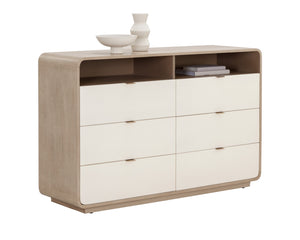 Sunpan Kayden Dresser: Timeless Acacia Wood Charm with Oyster Shagreen Drawers & Antique Brass Hardware