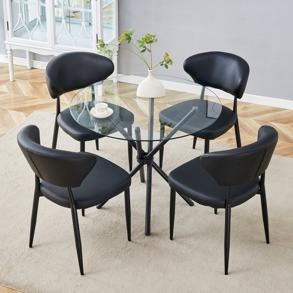 English Elm Table Set: Modern Transparent Glass Dining Table With 4 Ergonomic Black Pu Chairs For Stylish Comfort W1151S03671-GIGA