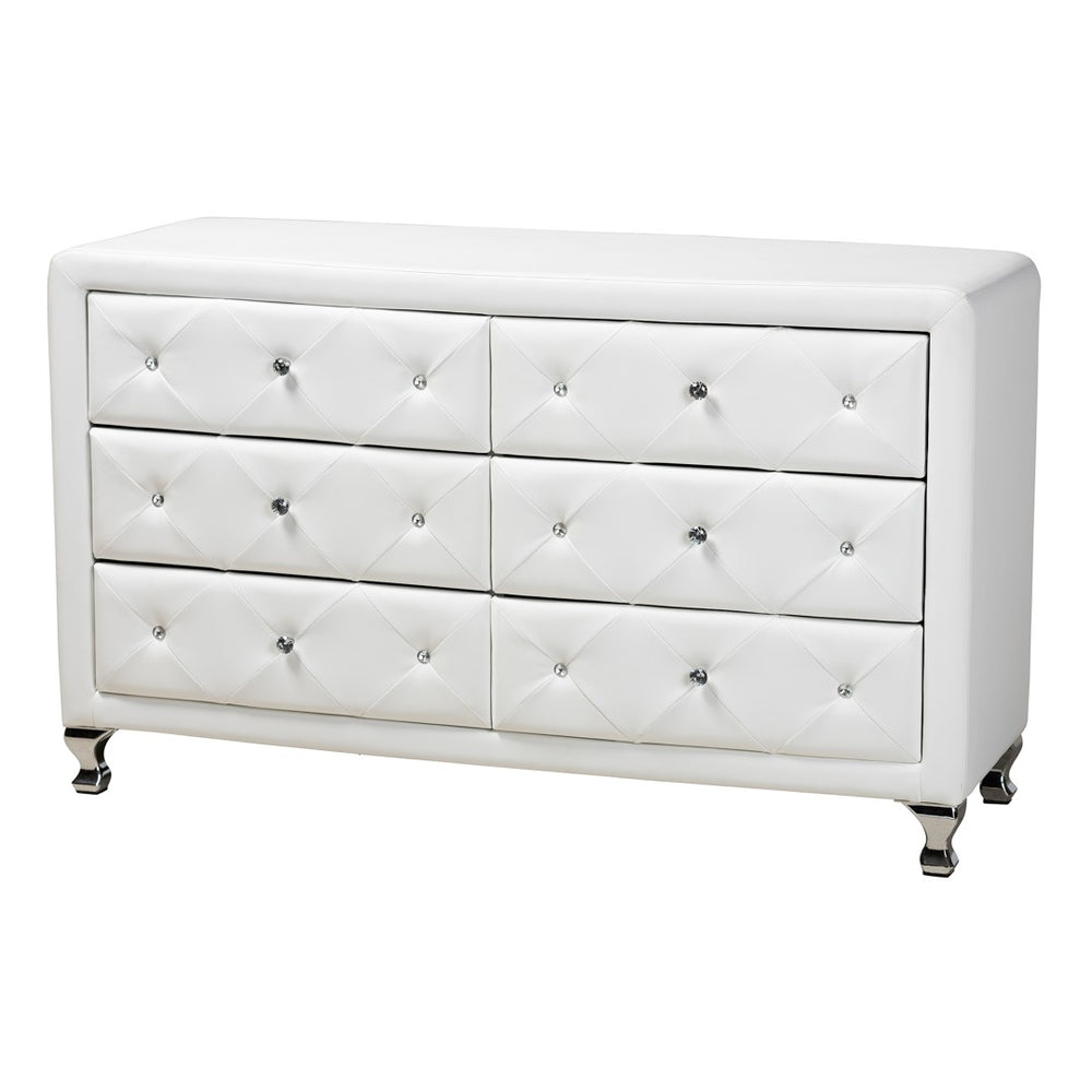 Baxton Studio Baxton Studio Luminescence Faux Leather Upholstered Dresser with Glamorous Crystal Accents & Storage White BBT2030-Dresser-White