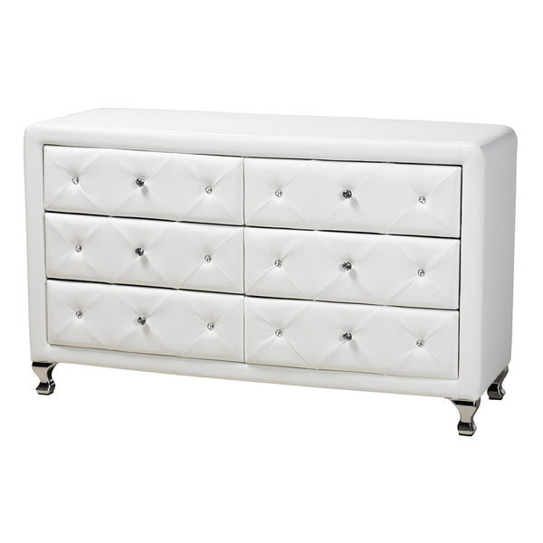 Baxton Studio Baxton Studio Luminescence Faux Leather Upholstered Dresser with Glamorous Crystal Accents & Storage White BBT2030-Dresser-White