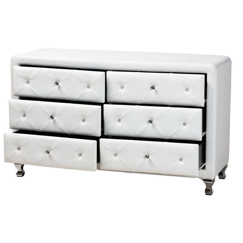 Baxton Studio Baxton Studio Luminescence Faux Leather Upholstered Dresser with Glamorous Crystal Accents & Storage White BBT2030-Dresser-White