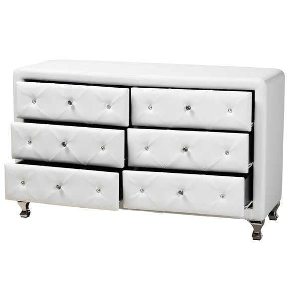 Baxton Studio Baxton Studio Luminescence Faux Leather Upholstered Dresser with Glamorous Crystal Accents & Storage White BBT2030-Dresser-White