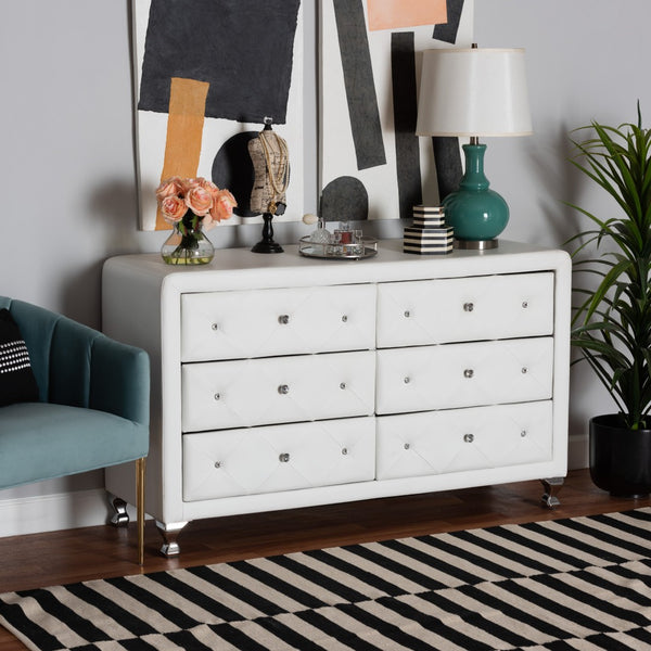 Baxton Studio Baxton Studio Luminescence Faux Leather Upholstered Dresser with Glamorous Crystal Accents & Storage White BBT2030-Dresser-White