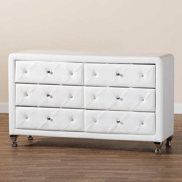 Baxton Studio Baxton Studio Luminescence Faux Leather Upholstered Dresser with Glamorous Crystal Accents & Storage White BBT2030-Dresser-White