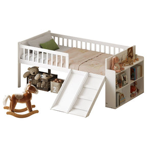English Elm Twin Platform Kids Bed with Slide Ladder Guardrails Storage Shelf Wood Frame White N733S415411K