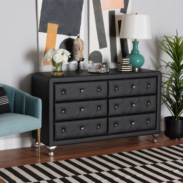 Baxton Studio Baxton Studio Luminescence Faux Leather Upholstered Dresser with Glamorous Crystal Accents & Storage Black BBT2030-Dresser-Black