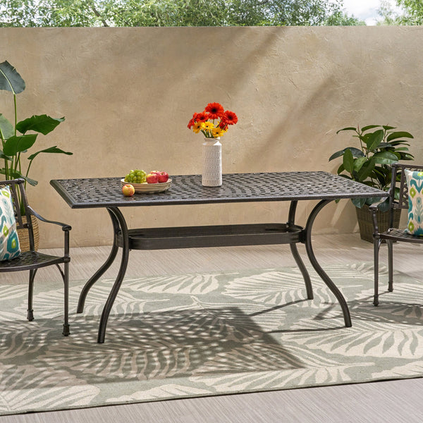 English Elm Christopher Knight Home® - PHOENIX Cast Aluminum Rectangle Dining Table with Floral Lattice, Umbrella Hole, Rust-Resistant Finish Bronze 69.75 L x 40.5 W x 4.75 H 57704.00