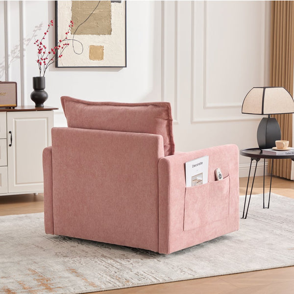 English Elm UNITED Swivel Barrel Chair with Chenille Upholstery, 360° Smooth Rotation, Padded Arm Comfort and Side Pockets for Living Room Relaxation Pink W1568P290091