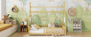 English Elm Twin Montessori Floor Bed House Frame with Led Lighting and Safety Rails for Kids Natural W2593P440591