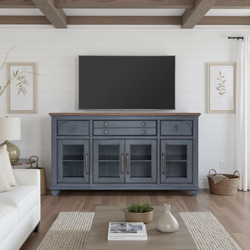 English Elm Americana Distressed Blue Buffet Cabinet with Glass Doors and Antique Pewter Hardware B108P411433