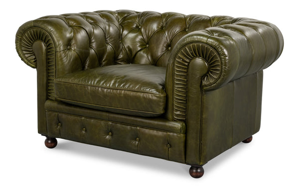 Sarreid Savile Leather Chair - Luxurious British Green Leather With Durable Rubber Wood Legs For Elegance Green  54238