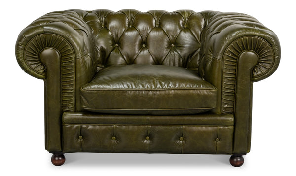 Sarreid Savile Leather Chair - Luxurious British Green Leather With Durable Rubber Wood Legs For Elegance Green  54238