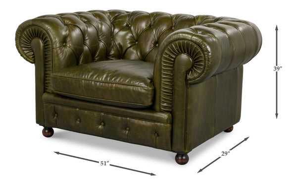 Sarreid Savile Leather Chair - Luxurious British Green Leather With Durable Rubber Wood Legs For Elegance Green  54238