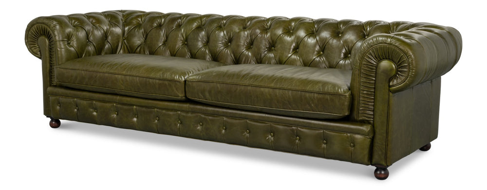 Sarreid Savile Leather Sofa Green - Luxurious British Green Leather With Stylish Rubber Wood Legs, Elegant Design Green  54239