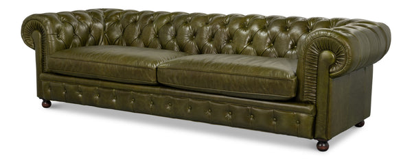 Sarreid Savile Leather Sofa Green - Luxurious British Green Leather With Stylish Rubber Wood Legs, Elegant Design Green  54239