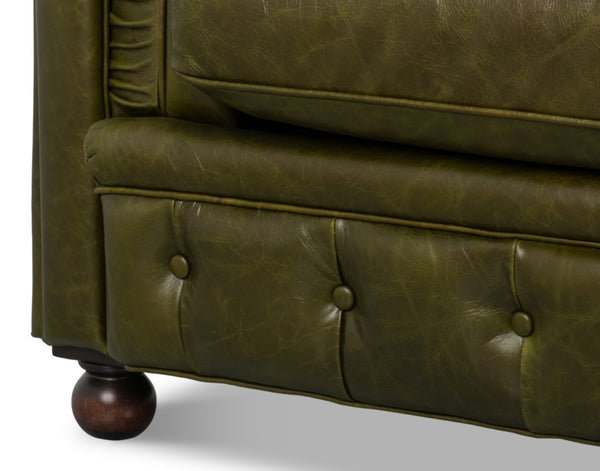 Sarreid Savile Leather Sofa Green - Luxurious British Green Leather With Stylish Rubber Wood Legs, Elegant Design Green  54239