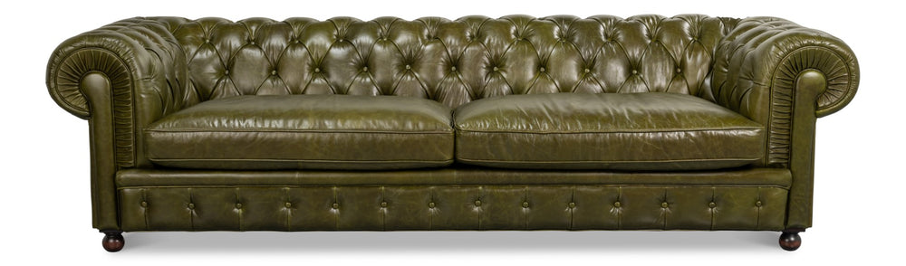 Sarreid Savile Leather Sofa Green - Luxurious British Green Leather With Stylish Rubber Wood Legs, Elegant Design Green  54239