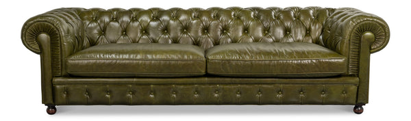 Sarreid Savile Leather Sofa Green - Luxurious British Green Leather With Stylish Rubber Wood Legs, Elegant Design Green  54239