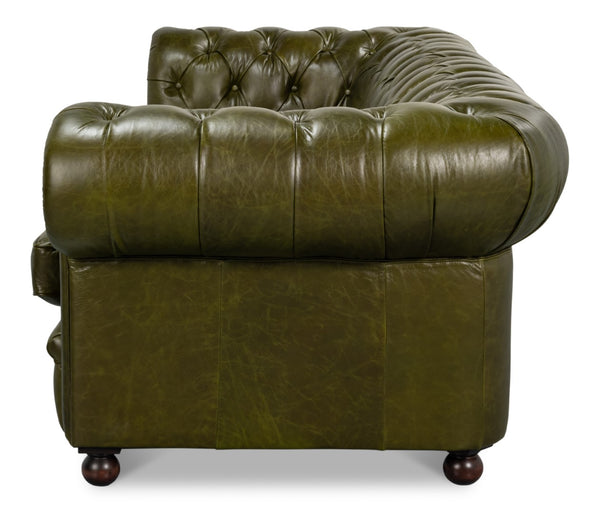 Sarreid Savile Leather Sofa Green - Luxurious British Green Leather With Stylish Rubber Wood Legs, Elegant Design Green  54239