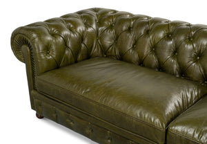 Sarreid Savile Leather Sofa Green - Luxurious British Green Leather With Stylish Rubber Wood Legs, Elegant Design Green  54239