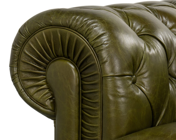 Sarreid Savile Leather Sofa Green - Luxurious British Green Leather With Stylish Rubber Wood Legs, Elegant Design Green  54239