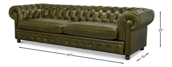 Sarreid Savile Leather Sofa Green - Luxurious British Green Leather With Stylish Rubber Wood Legs, Elegant Design Green  54239