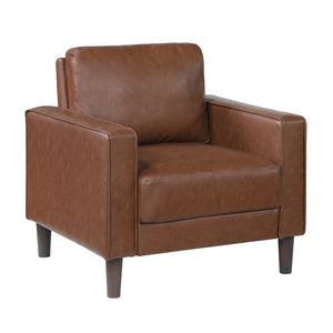 English Elm Modern Malcolm Upholstered Faux Leather Accent Chair with Track Arms, Welt Trim, Solid Wood Frame, Comfortable Cushion Seating for Living Room Chocolate 31.5 L x 24 W x 24.5 H B011P395008
