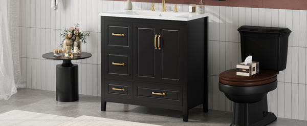 English Elm Christopher Knight Home® - 36" Freestanding Bathroom Vanity with Resin Sink, Soft-Close Doors & Drawers, Gold Alloy Handles, Spacious Storage and Easy Plumbing Access Black N759P292552B