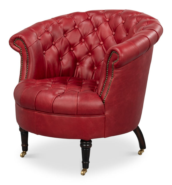 Sarreid Bastian Armchair In Luxurious New Rouge Top Grain Cow Leather - Elegant Comfort For Any Space Red  54241