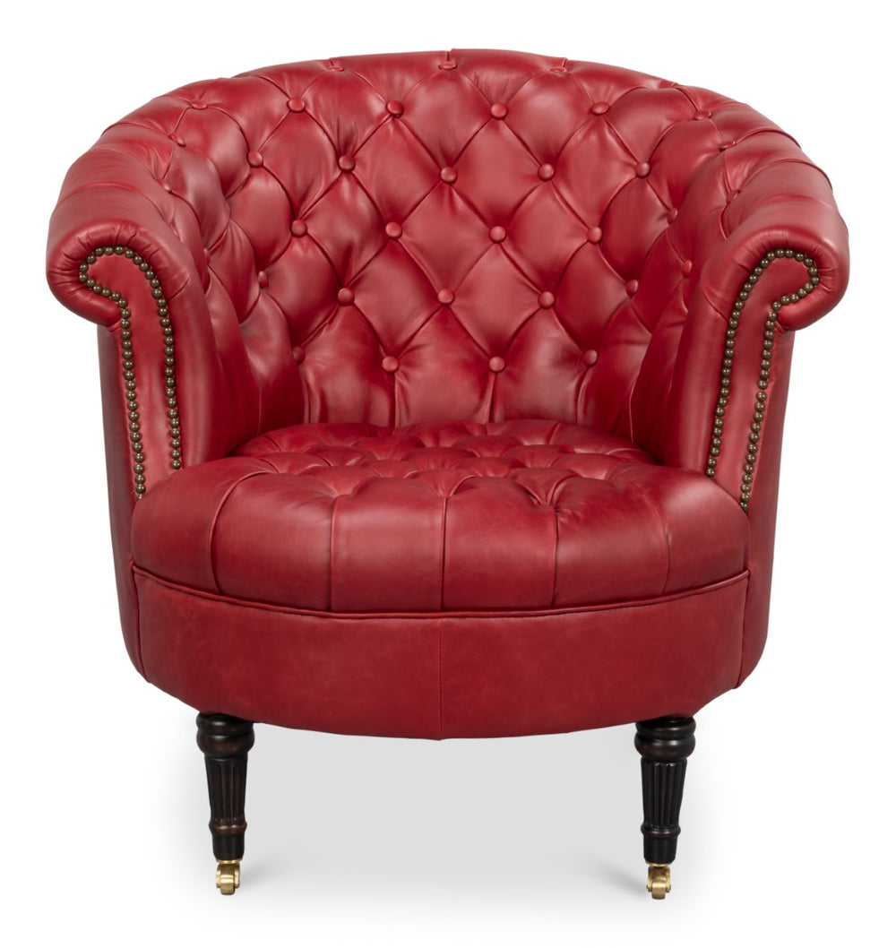 Sarreid Bastian Armchair In Luxurious New Rouge Top Grain Cow Leather - Elegant Comfort For Any Space Red  54241
