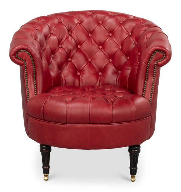 Sarreid Bastian Armchair In Luxurious New Rouge Top Grain Cow Leather - Elegant Comfort For Any Space Red  54241