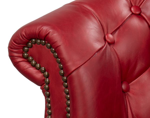 Sarreid Bastian Armchair In Luxurious New Rouge Top Grain Cow Leather - Elegant Comfort For Any Space Red  54241