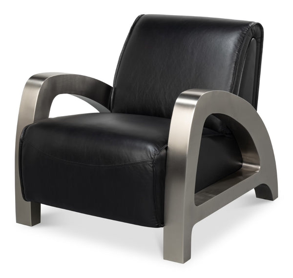 Sarreid Carlisle Armchair In Onyx Black Leather - Stylish Comfort With Stainless Steel Accents For Your Space Black  54242