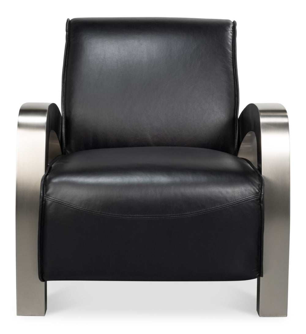 Sarreid Carlisle Armchair In Onyx Black Leather - Stylish Comfort With Stainless Steel Accents For Your Space Black  54242