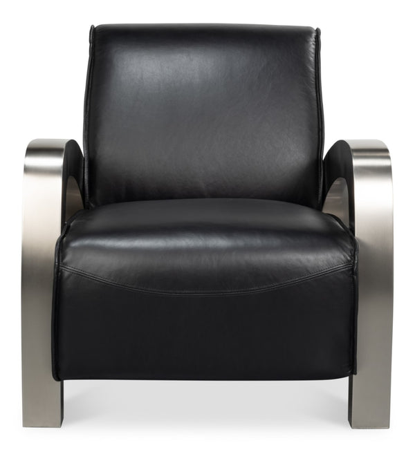 Sarreid Carlisle Armchair In Onyx Black Leather - Stylish Comfort With Stainless Steel Accents For Your Space Black  54242