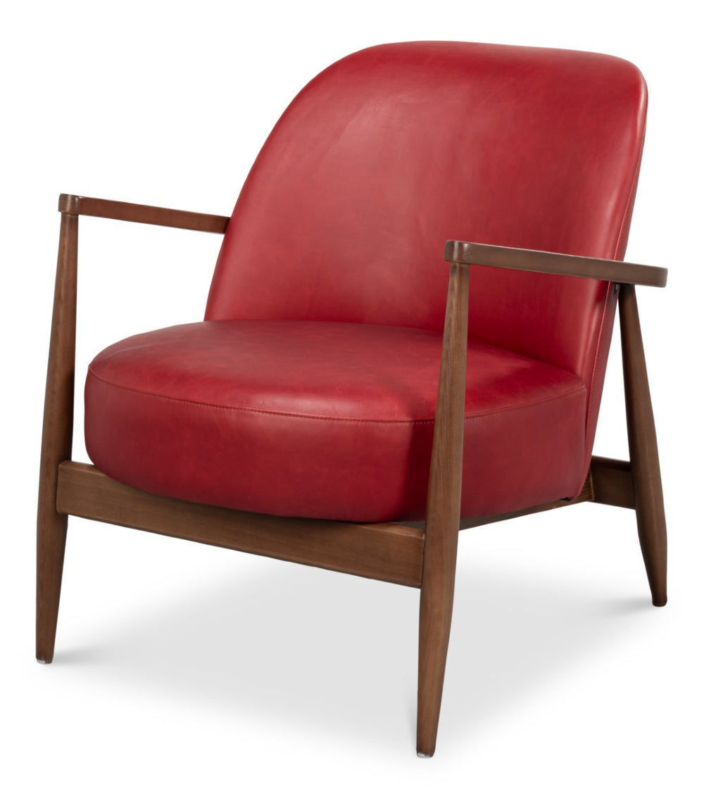 Sarreid Pindar Armchair In Luxurious New Rouge Red Leather With Elegant Ash Wood Base For Stylish Comfort Red  54243