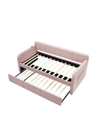 English Elm Twin Upholstered Daybed with Trundle Sofa Bed for Guest Room, Pine Wood Frame, Velvet Upholstery, Sturdy Slat Support and Full-Length Comfort Pink W1361S00023