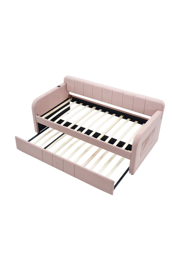 English Elm Twin Upholstered Daybed with Trundle Sofa Bed for Guest Room, Pine Wood Frame, Velvet Upholstery, Sturdy Slat Support and Full-Length Comfort Pink W1361S00023