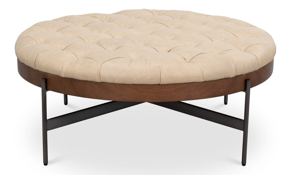 Sarreid Corbet Cocktail Ottoman – Elegant Cappuccino White Leather With Aged Iron & Ash Wood Accents White  54245