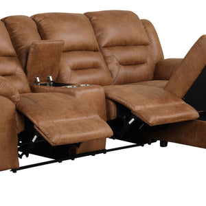 English Elm Contemporary Saddle Brown Leatherette 2pc Sectional Sofa with Console, Chaise Storage, 2 Recliners, Adjustable Backrest B2741S00322