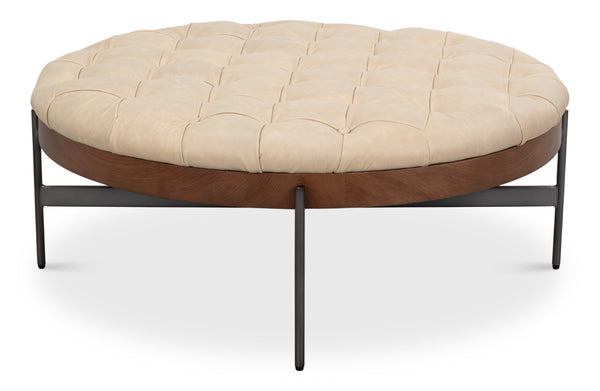 Sarreid Corbet Cocktail Ottoman – Elegant Cappuccino White Leather With Aged Iron & Ash Wood Accents White  54245