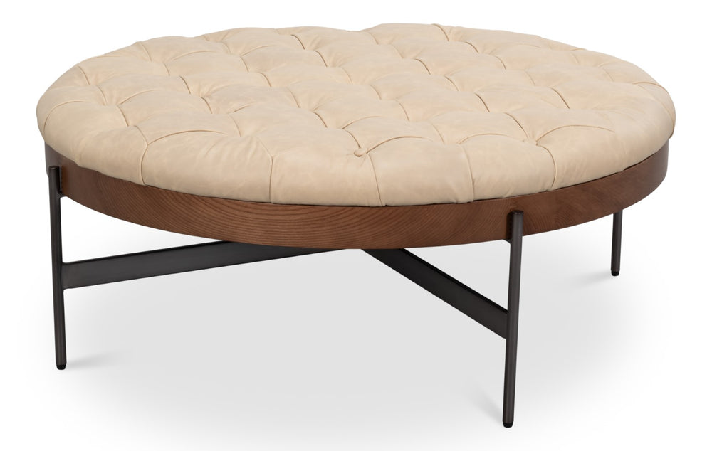 Sarreid Corbet Cocktail Ottoman – Elegant Cappuccino White Leather With Aged Iron & Ash Wood Accents White  54245