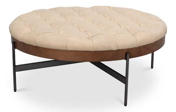 Sarreid Corbet Cocktail Ottoman – Elegant Cappuccino White Leather With Aged Iron & Ash Wood Accents White  54245