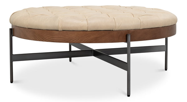 Sarreid Corbet Cocktail Ottoman – Elegant Cappuccino White Leather With Aged Iron & Ash Wood Accents White  54245