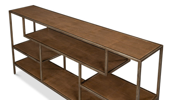 Sarreid Cullum Tawny Brown Shagreen Console - Stylish Iron & Leather Design With Elegant Bronze Frost Finish Brown  54254-35